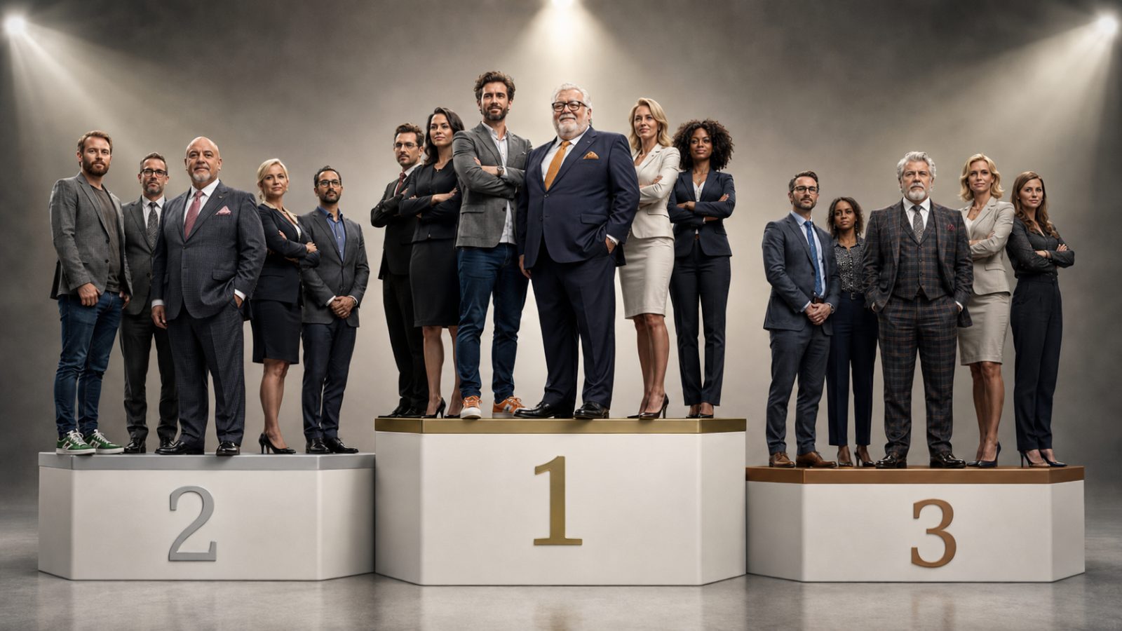Three agency teams standing on a winners' podium, symbolising the limits of score-based agency selection.