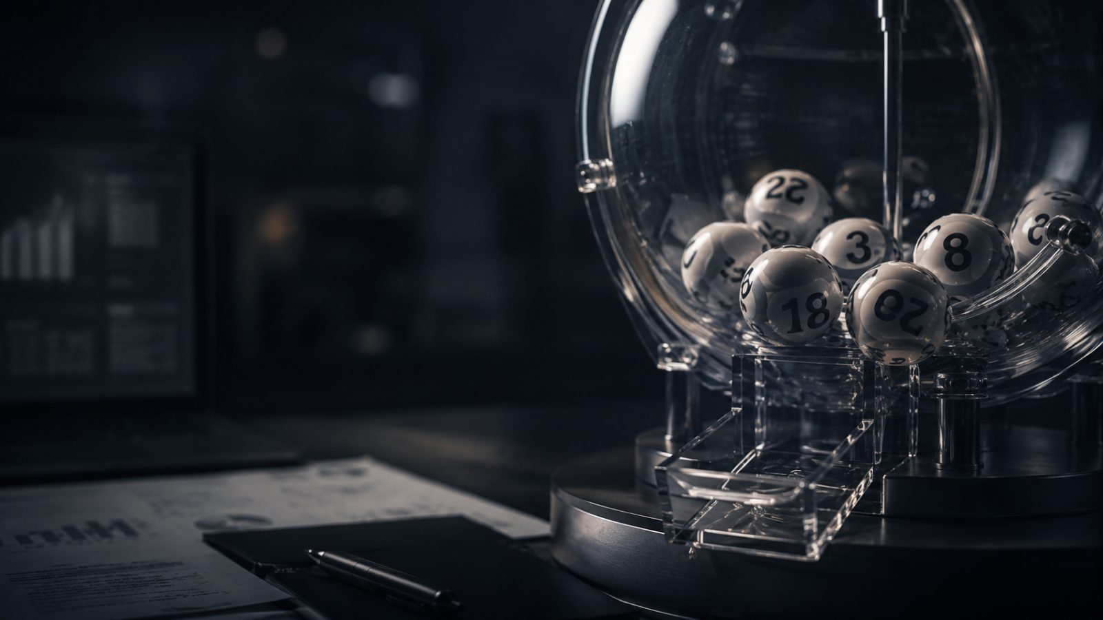 Premium lottery draw machine in a dark office setting, representing governance, credibility, and regulated participation.