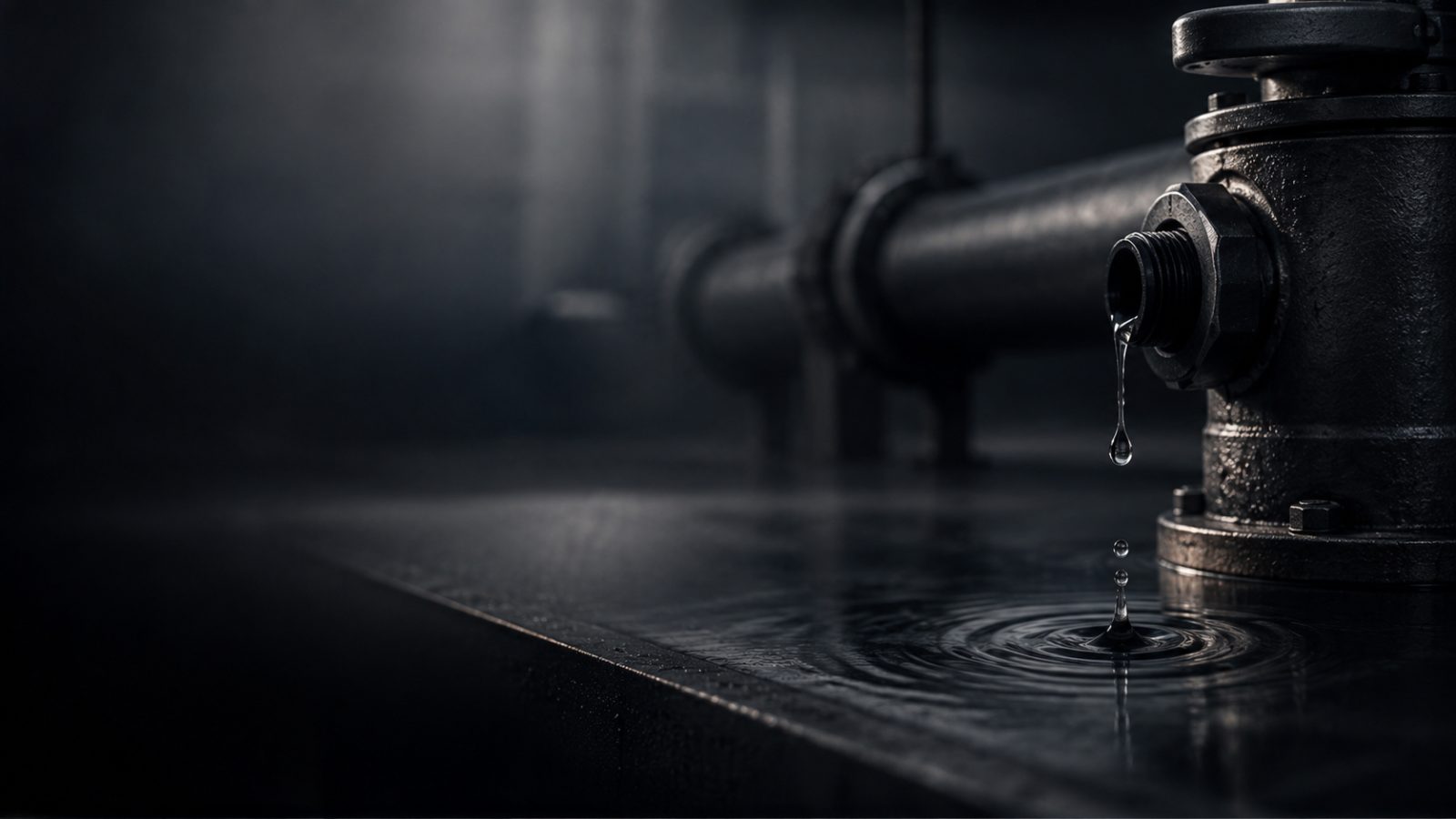 Industrial water pipe with a falling droplet, representing water conservation, infrastructure, and public awareness strategy.
