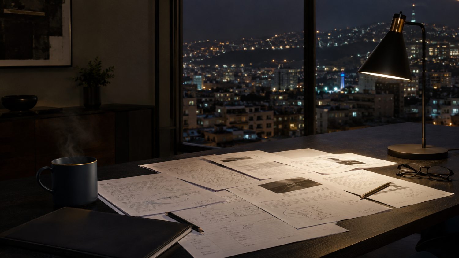 A desk at night above the Levant skyline, working papers under a lamp