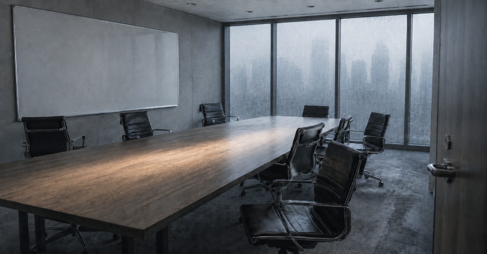 Empty glass walled boardroom with leather chairs and a blank whiteboard, seen through rain streaked windows.