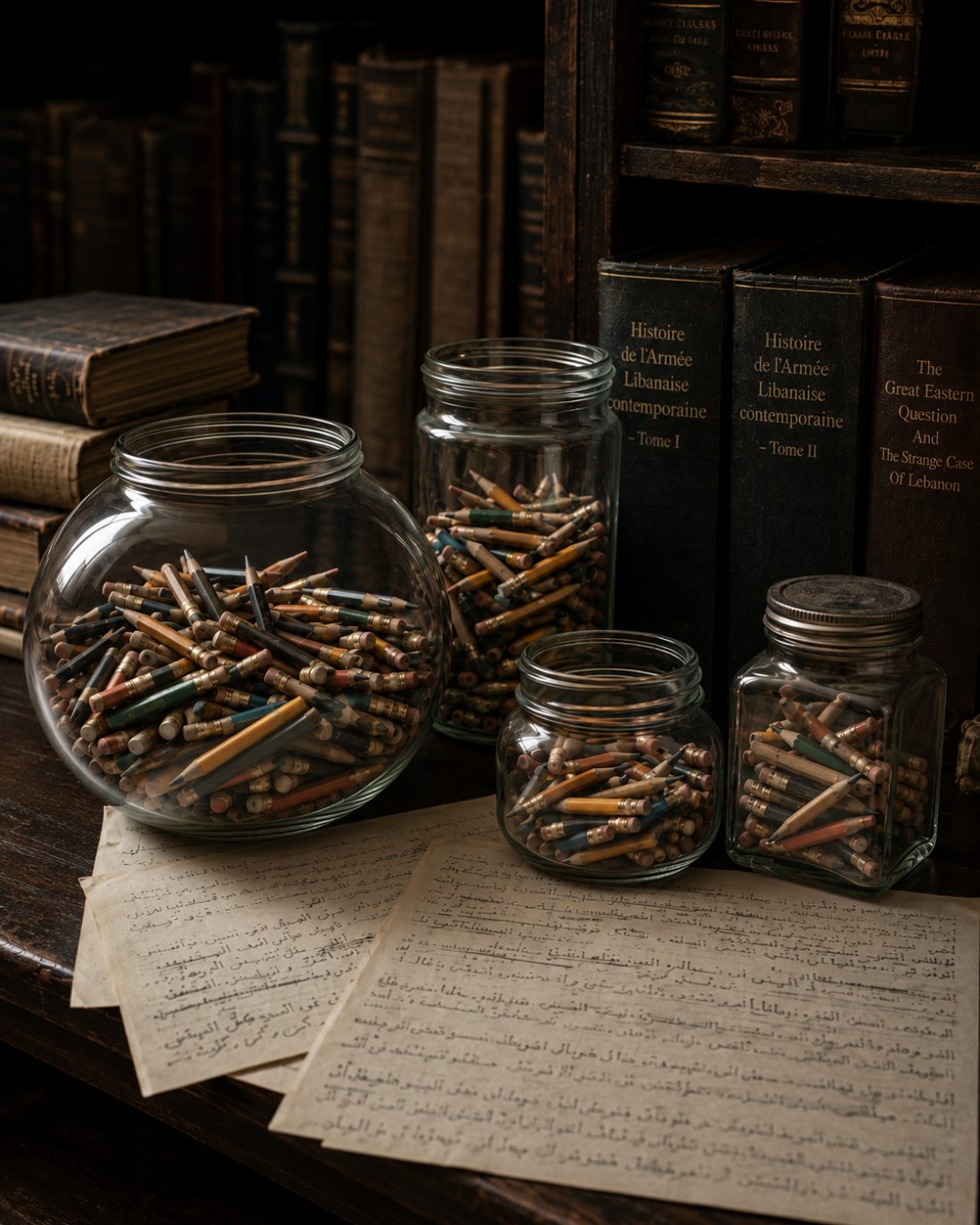 Glass jars filled with short, worn-down pencils beside old books and handwritten manuscript pages