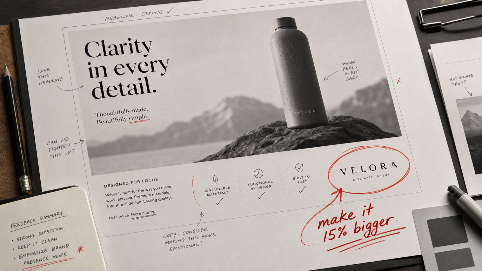 Printed advertising concept marked up with handwritten client feedback, including a circled logo and the note make it 15 percent bigger.