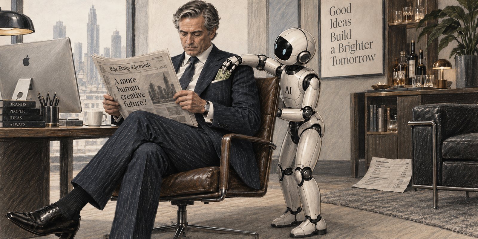 Pencil illustration of an AI robot taking money from an advertising executive while an old agency rate card lies on the floor.